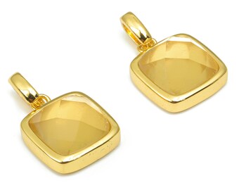 Lemon Citrine Faceted Square Earring Charms - 11mm Natural Stone - Brass Square Pendant - Gold Tone Plated Brass – 18.8x11.7x5.8mm – NS1672K