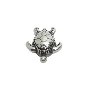 May include: A silver turtle figurine with a detailed shell and a smiling face.