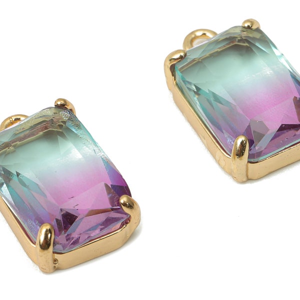 Glass Square Earring Charms with Loop - Brass Frame Square Pendant - Gold Tone Plated Brass – Faceted Glass - 16.8x10.25x5.66mm – GS1129G