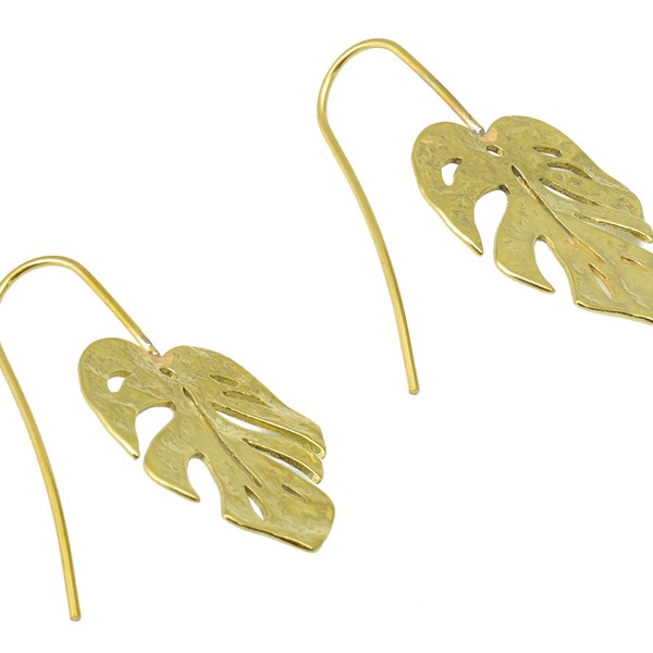 Raw Brass Monstera Ear Wires Earring - Brass Leaf Hook Earring -Textured Botanical Earring Hook - Ear Earring Wire -36.8x19.78x1mm- PP8573