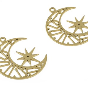 Brass Crescent Earring Charms - Raw Brass Star Pendant - Earrings Finding - Jewelry Making Supplies - 33.45x26.95x0.72mm - PP4197