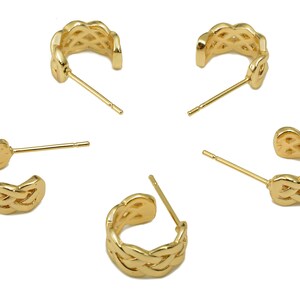 Brass Knitting Huggie C Stud Earrings - Wide Braid Earring Post - 316 Stainless Steel Stud - 18K Real Gold Plating - 19.3x11x1.8mm - RGP5601