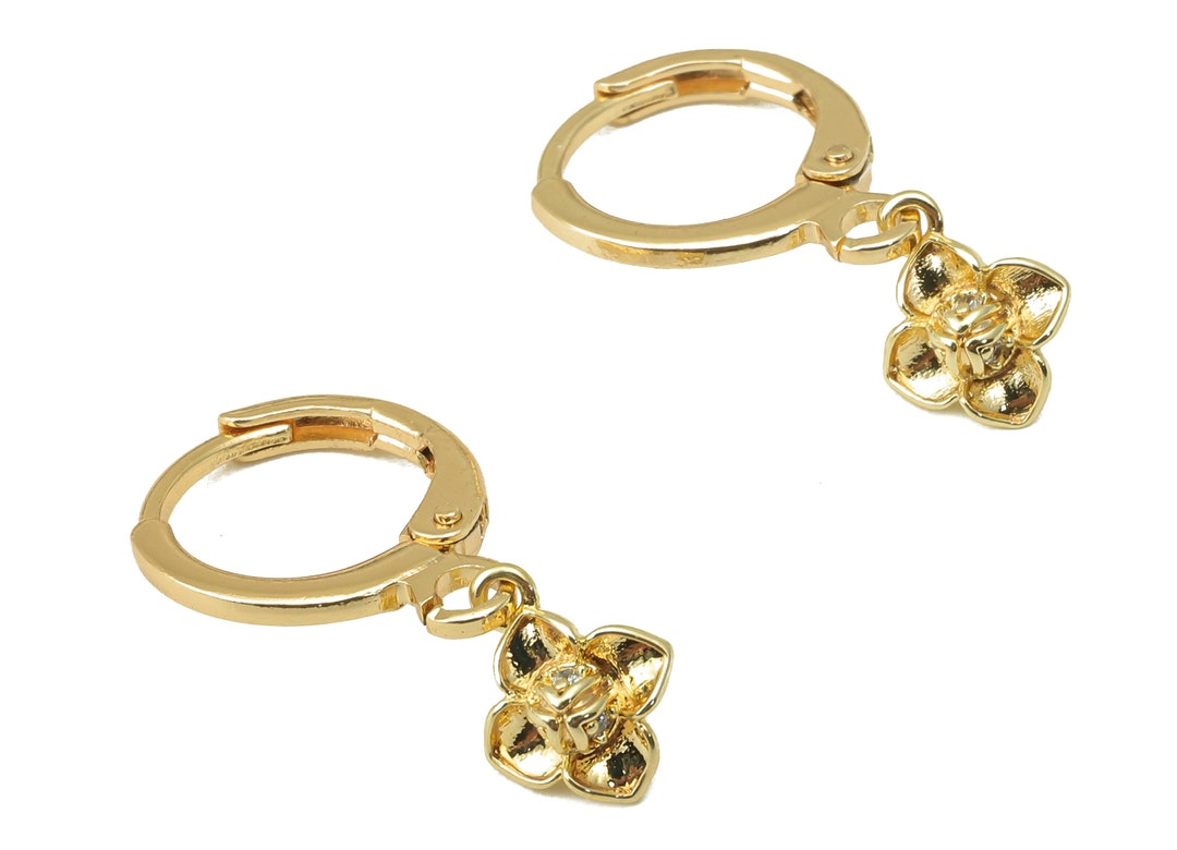 Brass Clasp Earring Brass Flower Lever Back Earring Huggie Cubic Flower