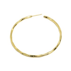May include: Gold hoop earrings with a hammered texture.