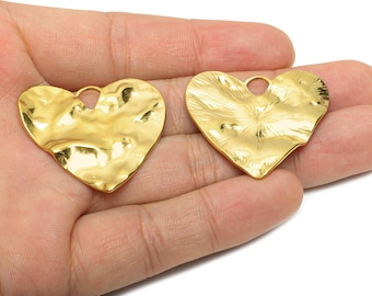 Gold Steel Heart Pendant - Hammered Modern Heart Necklace Pendant - Abstract Heart Jewelry Design - Gold Tone Plated - 33x35x2mm - SS2055G