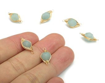 Blue Jade Faceted Natural Stone Earring Connectors - Brass Wire Wrapped Stone Charms - Gold Tone Plated Brass – 17.45x7.9x7.1mm – NS1653E