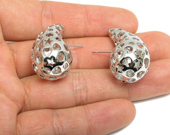 Teardrop Earring Post - Brass Hollow Pattern Earring - Artistic Earring Post - Trendy Modern Earring - Bold Jewelry - 26x16x15mm - RGP9387S