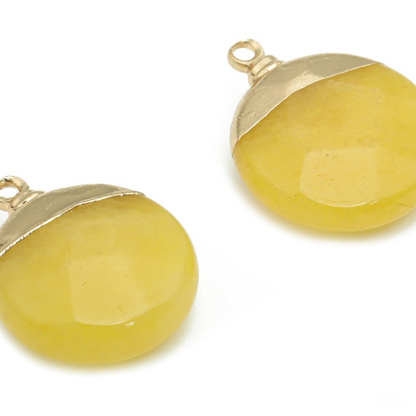 Yellow Jade Earring Charms - Brass Round Pendant - Iron Loop - Natural Stone - Gold Tone Plated Brass – 18.45x15.05x6.56mm – NS1570E