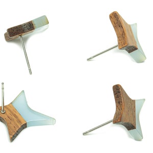 May include: A pair of star-shaped earrings with a wood and blue resin design. The earrings have silver posts.