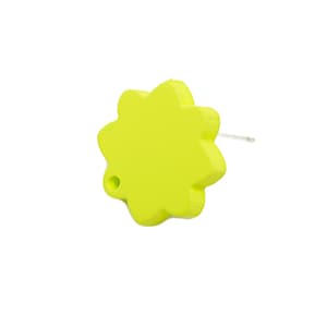 May include: A single, bright yellow-green flower-shaped earring stud. The earring has a post for insertion and a small hole at the base of one petal. The earring is set against a white background.