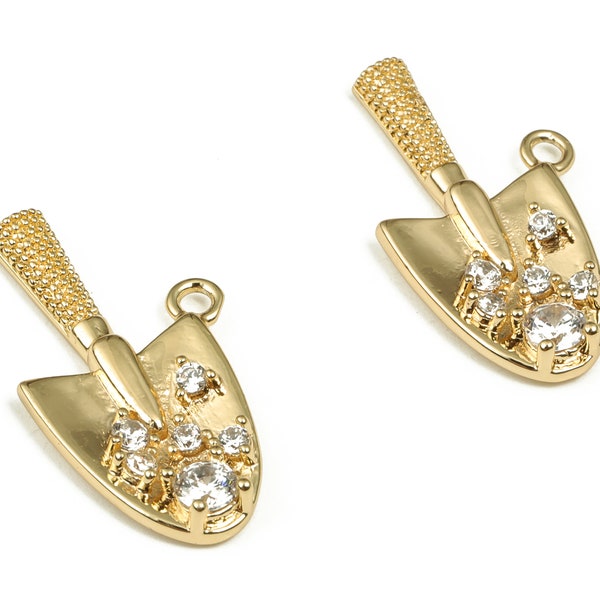 Brass Shovel Earring Charms with Zircons - Gold Hand Shovel Pendant Charm - 18K Gold Plated Brass - Jewelry Supplies - 21x12x2.1mm- RGP4026