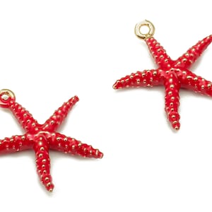 Brass Dot Red Starfish Pendant - Enamel Spot Starfish Earring - Charm With Loop - 18K Real Gold Plating - 15.8x14.5x2.5mm - RGP5325