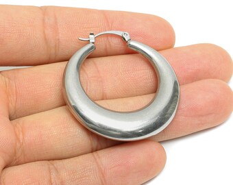 Steel Hoop Earring - Smooth Silver Crescent Hoop Earring - Hinged Back - Minimalist Steel Hoop Jewelry - Steel Finding - 40x42x7mm - SS1694