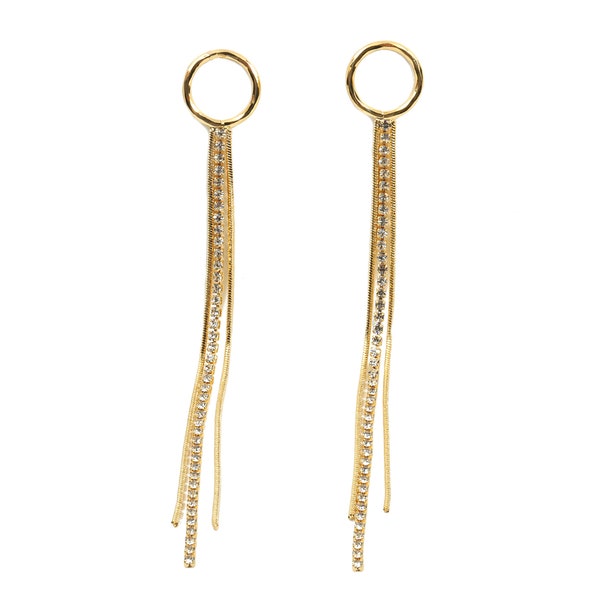 Brass Long Snake Chains Earring - Tassel Chain Earrings With Zircon - 18k Real Gold Plated Brass - 102x12.75x1.47mm - RGP2313