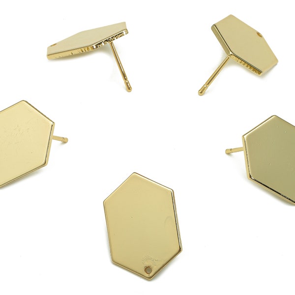 Brass Hexagon Earring Posts - Hexagon Earring Stud - Stainless Steel Stud - 18K Real Gold Plating - 20.7x14.32x1.13mm - RGP5243