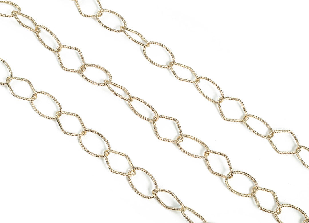 Gold Oval Paper Clip Layering Chain 14K Real Gold Brass Textured Oval