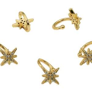 Brass Star Open Round C Ear Cuff - Cartilage Earring With Zircon - Planet Huggie Hoop Earring - 18K Real Gold Plating - 12x9x1.1mm - RGP5636