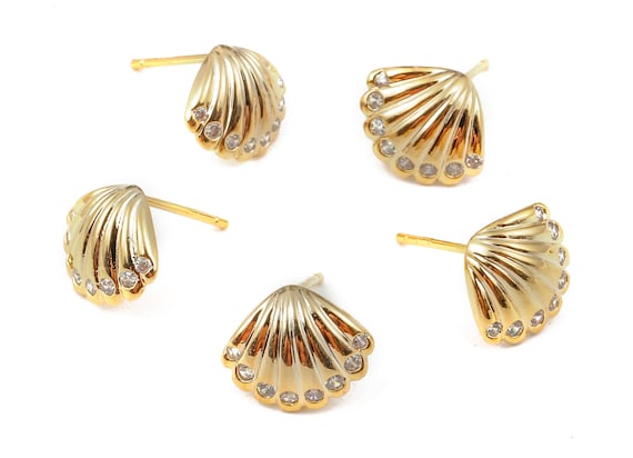 Brass Mussel Shell Stud Zircon Shell Earring Post 18K Real | Etsy