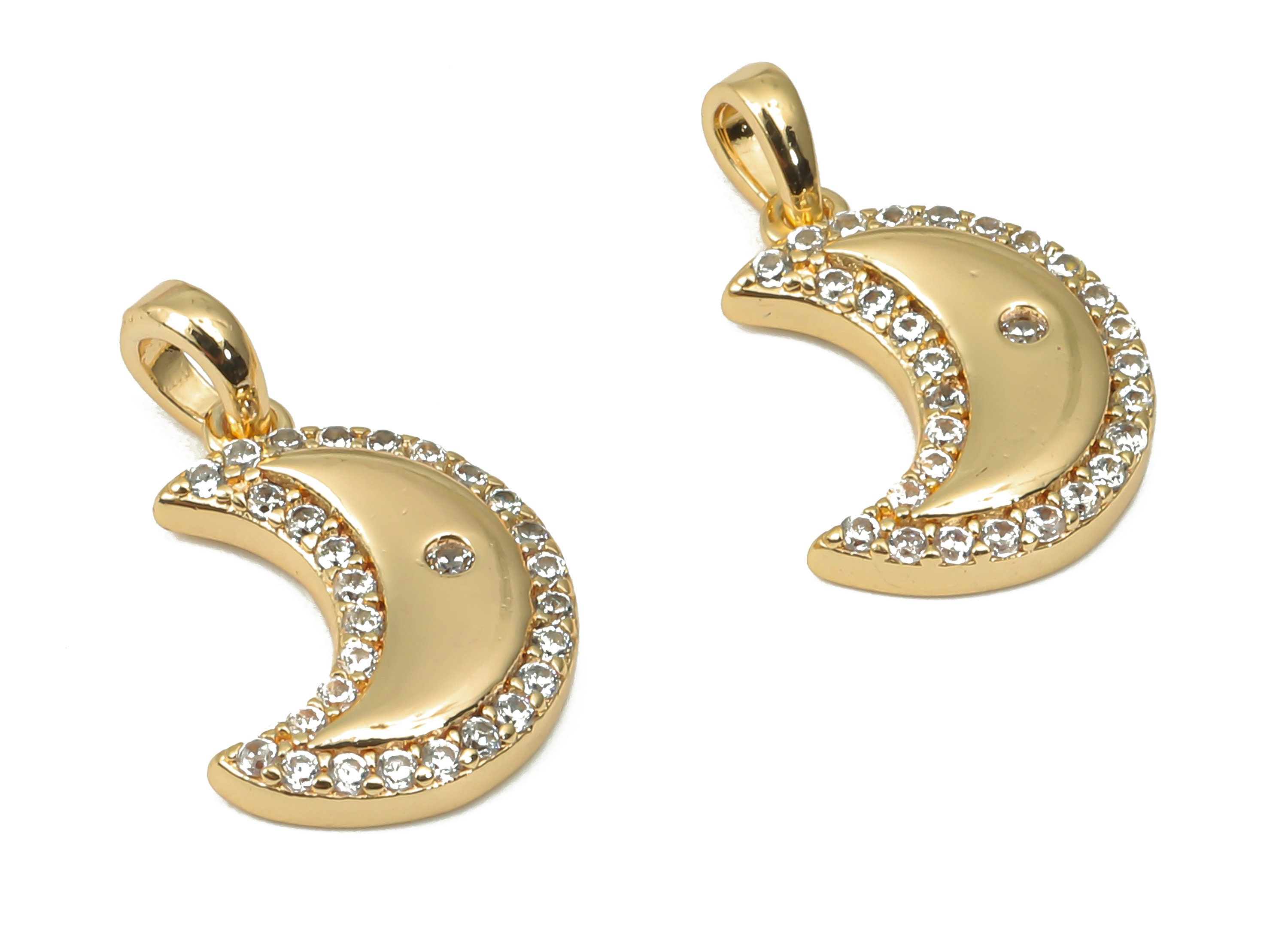 Gold Moon Pendant RGP4423 Jewelry Supplies 18K Real Gold Plated Brass Brass Crescent Earring Charms with Zircons 12.88x9.31x2.2mm