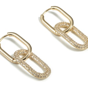 Brass Double Rectangle Earring Clap With Zircons - 18K Real Gold Plated Brass Rectangle Pendant - Jewelry Supplies – 33x13x2mm - RGP3003