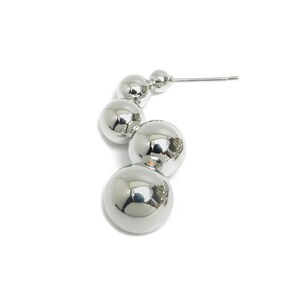 May include: Silver hoop earrings with a series of five round, smooth, metallic balls.