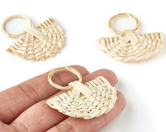 Handwoven Rattan Fan Charms - Fan Rattan Earrings and Pendant - Wooden Straw Earrings - Jewelry Handmade - 43.86x46.51x4.41mm - RT1245