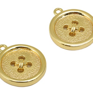 Brass Round Charm - Gold Button Pendant - Circle Gold Button Earring Charm - For Necklace - 18K Real Gold Plated - 16.9x14x3mm - RGP6463