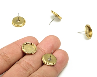 Brass Round Earring Stud - Raw Brass Circle Earring Post - Stainless Steel Stud - Jewelry Making Supplies - 14.25x14.08x2.45mm - PP4449