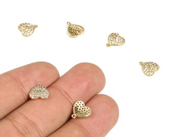 Messing Herz Ohrring Charms mit Zirkonen - Gold Herz Anhänger - 18K echt vergoldetes Messing - Schmuckherstellung Zubehör - 9,37x8,6 x 2 mm - RGP3457