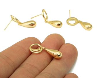 Brass Drop Earring Stud - Brass Round Earring Post - Teardrop Thick Earring Post - 18K Real Gold Plated - 28.78x10.75x 6.71mm-RGP6571