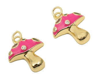 Brass Enamel Mushroom Pendant - Zircon Pink Fungus Earring Charm - Necklace Charm With Loop - 18K Real Gold Plating - 23x16.9x1.5mm-RGP5662E