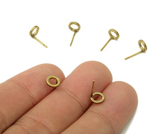 Brass Mini Round Earrings Stud - Raw Brass Mini Circle Earring Post - Circle Hoop Stud Earring - Brass Stud - 5.9x5.9x1mm - PP8050