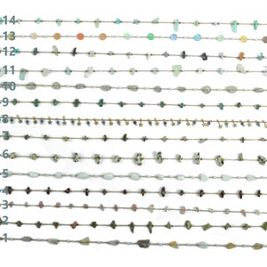 May include: A close-up of 14 rows of necklaces with different coloured beads and stones. Each row is labelled with a code, such as CC1175-14, CC1175-13, and so on.