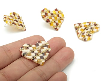 Acetate Heart Earring Stud - Brass Heart Post – Imitation Silver Stud – Twisted Curb Chain - Gold Tone Plated – 29.83x26.86x2.94mm - AC2384A