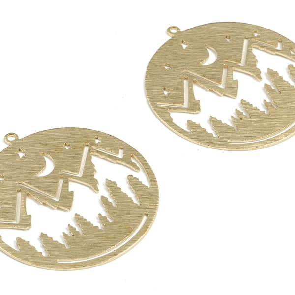 Brass Textured Mountain Moon Stars Earring Charms - Raw Brass Mountain Crescent Pendant - Landscape Circle Charms - 32.3x30.1x0.7mm - PP3810