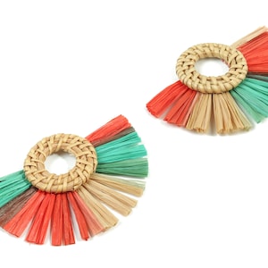Rattan Raffia Tassel Round Charms - Circle Earrings with Fan Tassels - Handmade Rattan - Woven Earrings - 75.58x56.04x6.11mm - RT1345
