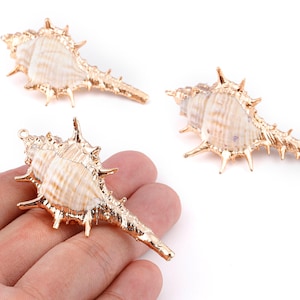 Könnte beinhalten: Drei goldfarbene Muschelanhänger mit stacheligem Design. Die Muscheln haben ein natürliches, strukturiertes Aussehen mit einem Creme- und Braunfarbschema. Ein Anhänger wird in einer Hand gehalten, die die komplizierten Details zeigt.