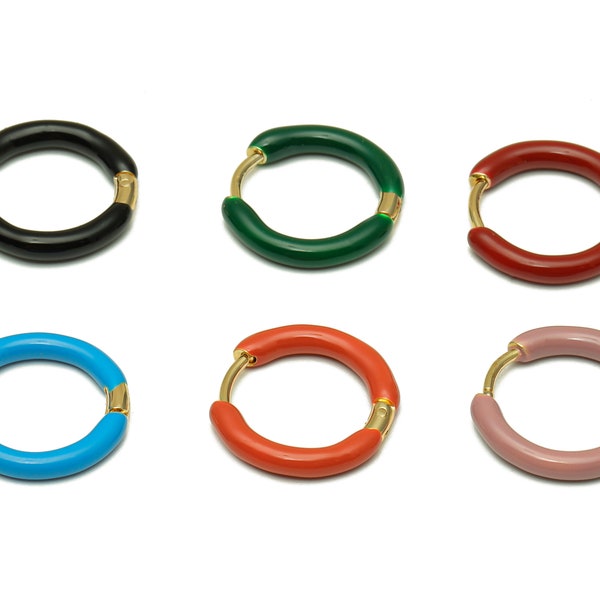 Enamel Earring Hoops -Stainless Steel Circle Earring Clasps -Black Blue Pink Red Green Orange Earring-Huggie Hoop Clasp-18K Real Gold Plated