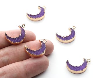 Druzy Earring Charms - Purple Resin Copper Earrings for Left Side - Moon Shaped Pendant  - 23.5x15.6x5.27mm - RC1006B
