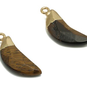 Può includere: Due ciondoli a forma di mezzaluna in occhio di tigre placcati in oro. I ciondoli sono di colore marrone scuro con accenti dorati.