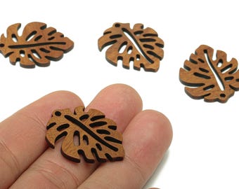 Mahogany Wood Monstera Leaf Charm – Coffee Color Pendant For Necklace BB1305