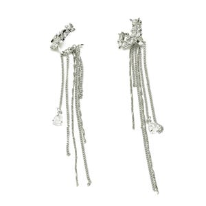 Brass Moon Star Ear Cuff - CZ White Tassel Earring - Zircon Cartilage Cuff Chain Ear - 18K Real White Gold Plated - 106x18.6x9.78mm- RGP7613
