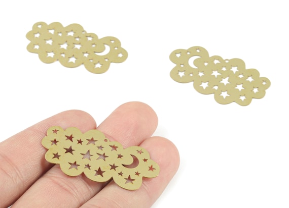 Brass Stars Crescent Cloud Earring Charms - Raw Brass Cloud Star Moon Pendant - Jewelry Supplies - 41.7x24.83x0.29mm - JJB6484