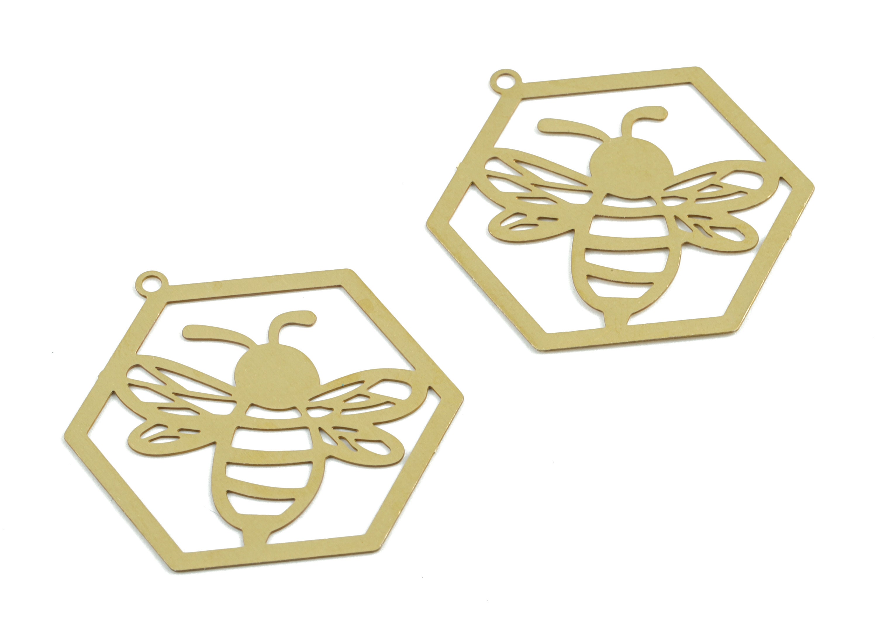 Brass Bee Hexagon Earring Charms - Raw Brass Bee Hexagon