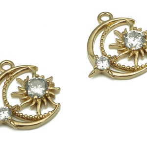 Brass Crescent Earring Charm - Raw Brass Earring With Zircon - Sun Pendant With Loop - Star Charm For Necklace - 15.16x14.86x2.92mm - PP7982