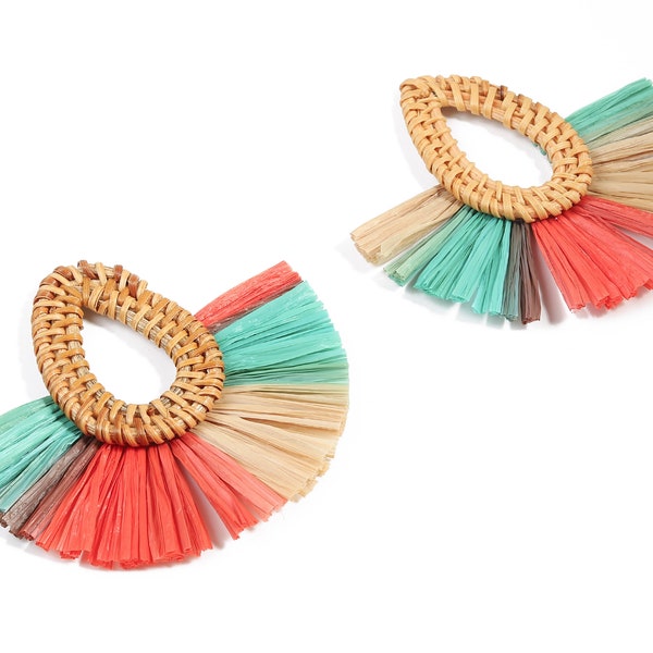 Rattan Raffia Tassel Drop Charms - Drop Earrings with Fan Tassels - Handmade Rattan - Woven Earrings - 75.53x70.72x5.48mm - RT1341