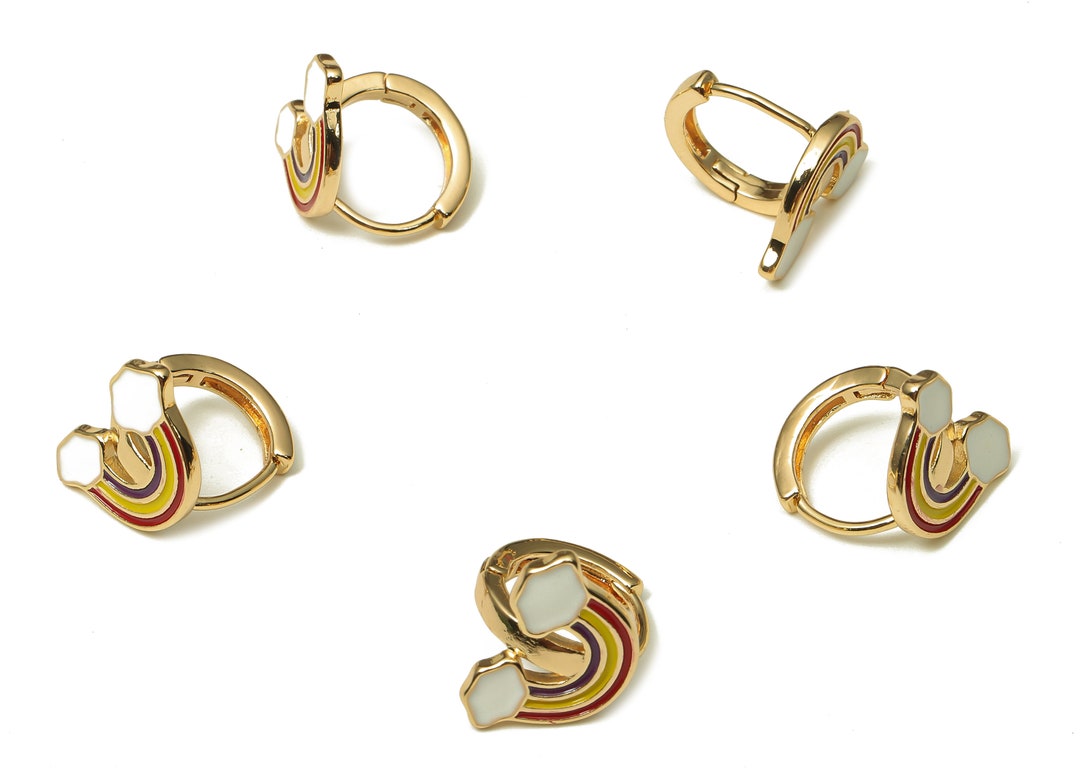 Brass Round Gold Rainbow Earring Hoops Circle Enamel Rainbow Clouds
