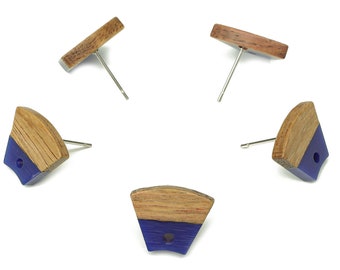 Natural Wooden Trapezoid Earring Stud - Walnut Wood Blue Resin Fan Earring Post - 316 Stainless Steel Stud - 15.32x12.32x3.26mm - BB1252H
