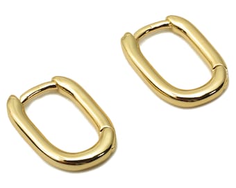 Brass Oval Rectangle Hoop Earrings - Small Huggie Hoop Earrings - Huggie Earrings - 18K Real Gold Plated Brass - 13.9x10x1.85mm - RGP4824