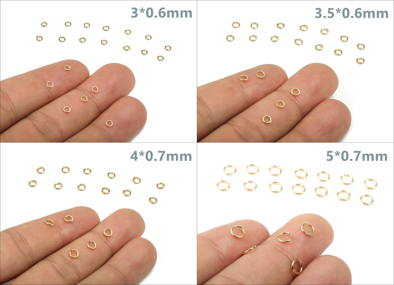Op de afbeelding: Assortiment van gouden springringen in verschillende maten. De springringen zijn 3 mm x 0,6 mm, 3,5 mm x 0,6 mm, 4 mm x 0,7 mm en 5 mm x 0,7 mm.